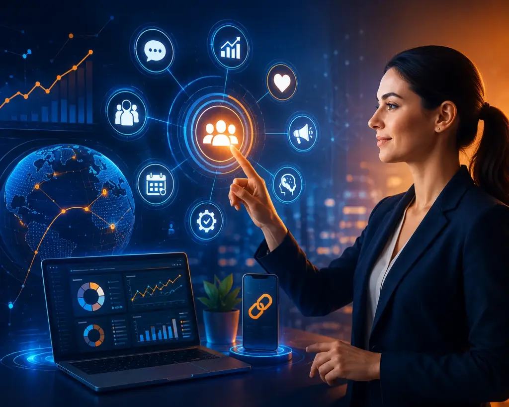 Agency specialist using modern digital marketing tools and a futuristic dashboard to improve campaign performance and client efficiency.