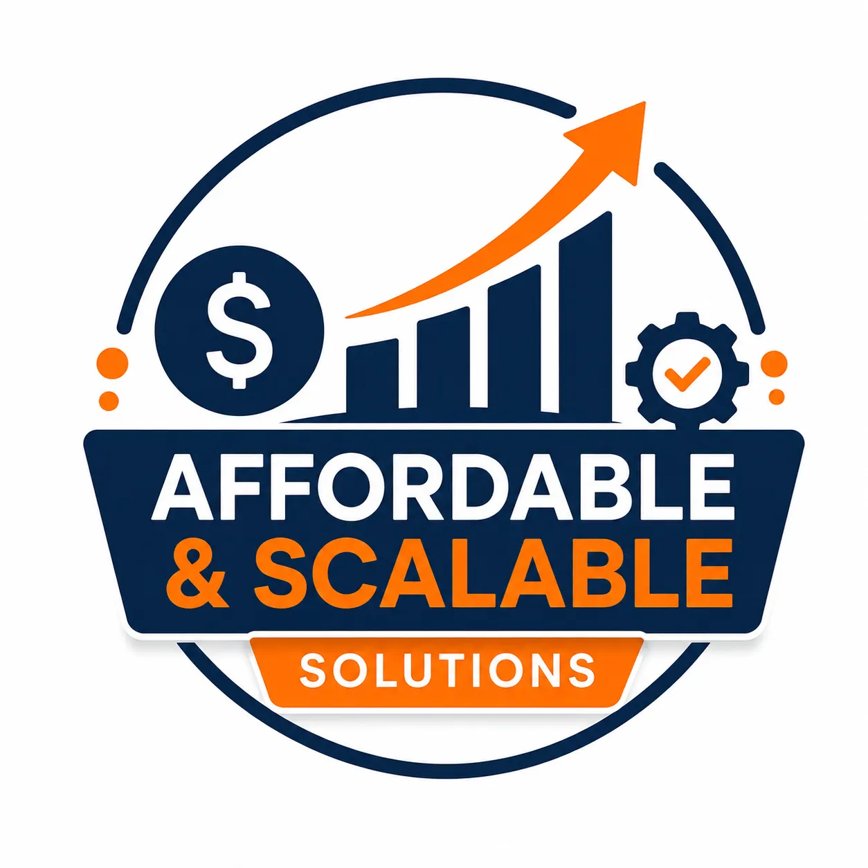 Badge displaying Affordable and Scalable Solutions with a dollar sign, rising growth chart, and gear icon representing flexible agency services.