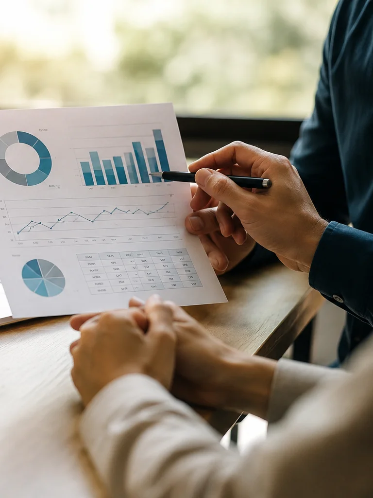 Hands holding a printed analytics report and pointing to actionable insights with a pen to make smarter decisions.