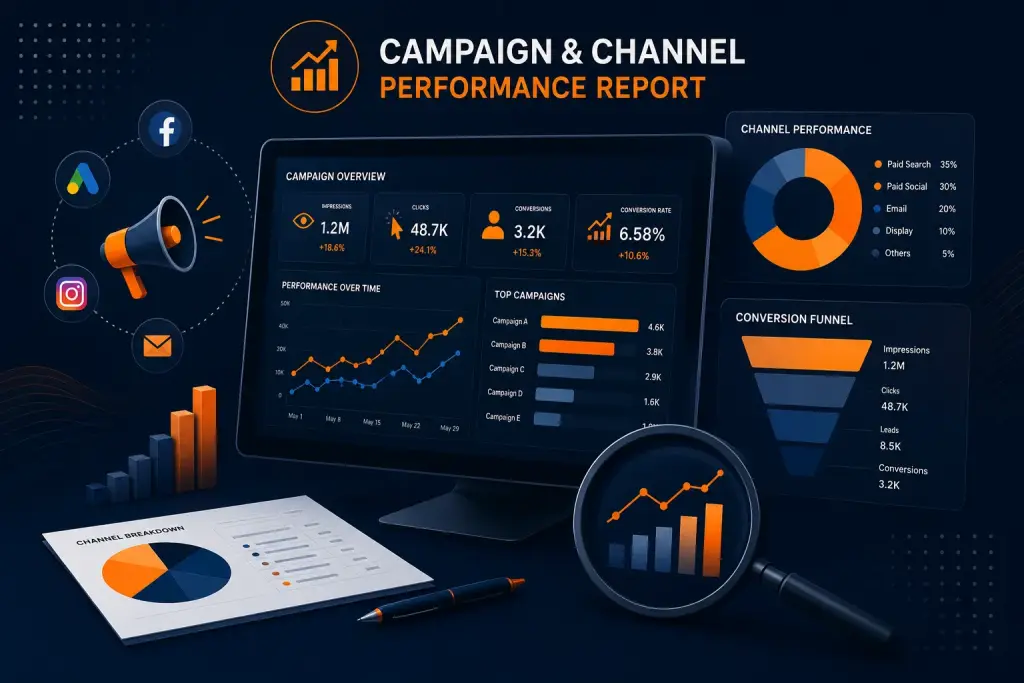 A digital dashboard displaying a campaign performance report, featuring charts for conversions, channel breakdowns, and social media icons.