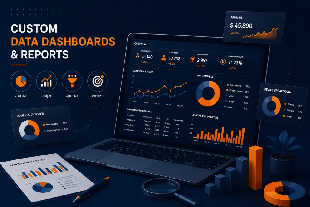 A tablet displaying a custom data dashboard with various charts, a map, and a glowing lightbulb icon, representing bespoke visual reports.