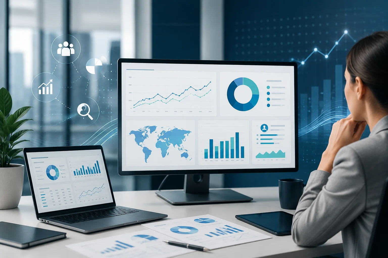 A professional reviewing marketing analytics dashboards and global growth charts on multiple screens to make data-driven decisions.