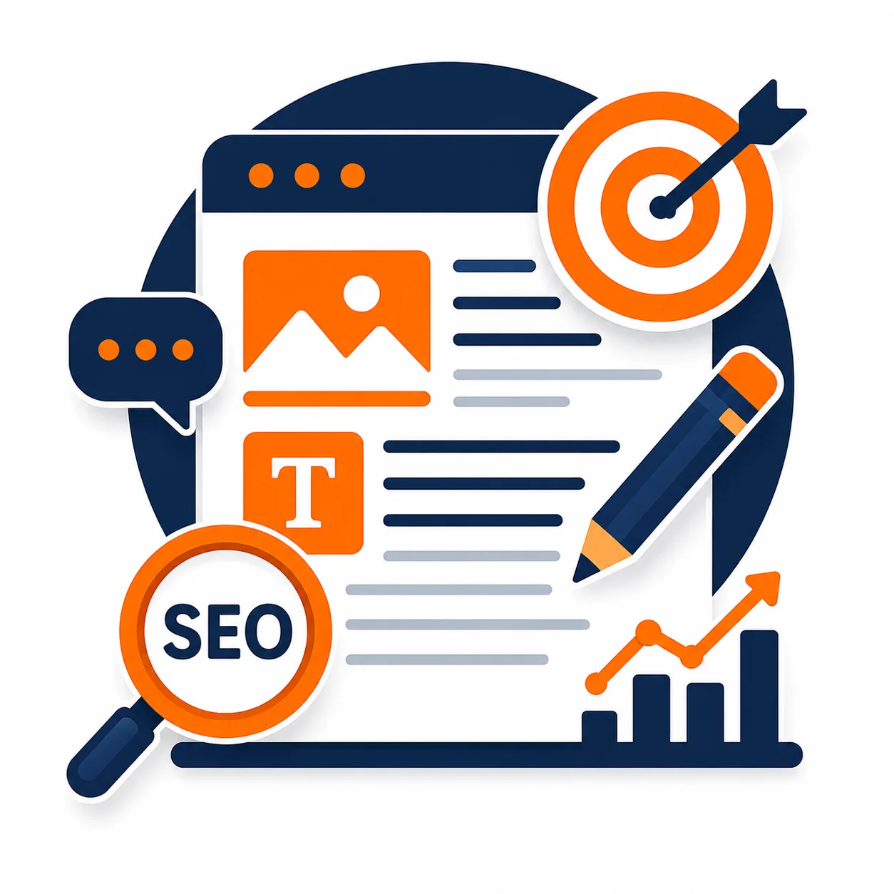 Digital illustration of a webpage with a pencil, SEO magnifying glass, and target, representing optimized blog post creation.