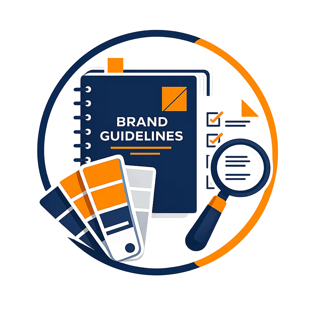 Digital illustration of a brand guidelines rulebook, color swatches, and a magnifying glass emphasizing visual consistency.