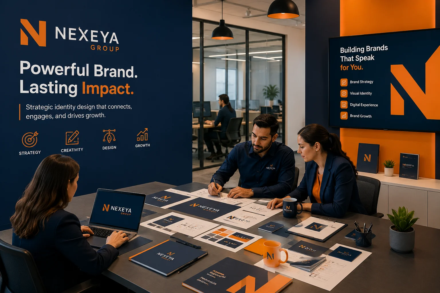 A creative team collaborating on visual identity designs and brand strategy documents at a desk, with Nexeya Group office signage.