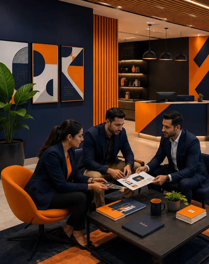 Professionals reviewing brand strategy documents and logo designs to build market trust and recognition.