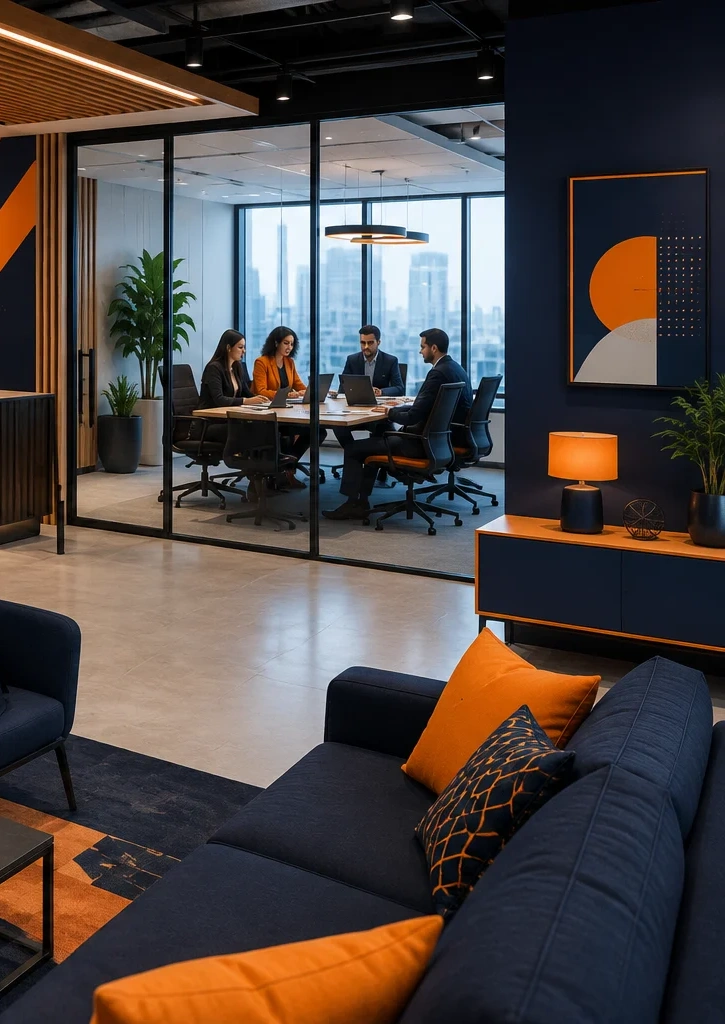 Team members discussing branding strategies and visual presentations in a vibrant corporate workspace.