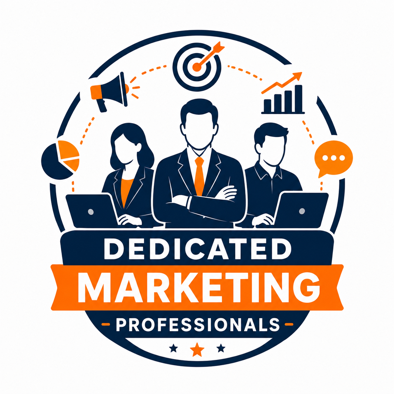 Badge featuring dedicated marketing professionals and analytics icons, highlighting our expert team developing campaigns for your small business.
