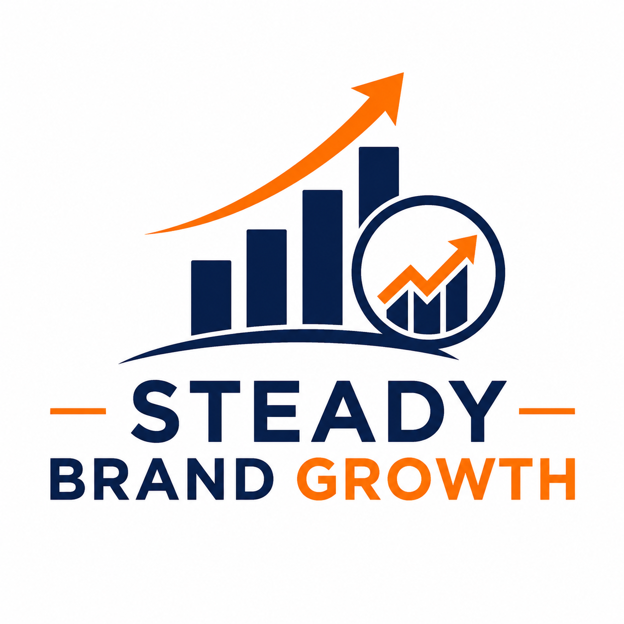 Badge illustrating steady brand growth with rising charts, representing our agency's strategy to provide consistency and relevance to your online presence.