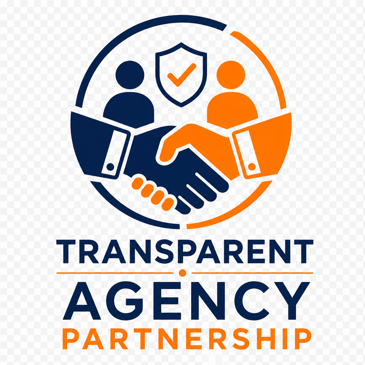 Orange and blue badge showing a handshake, symbolizing a transparent agency partnership focused on delivering measurable results and reports.