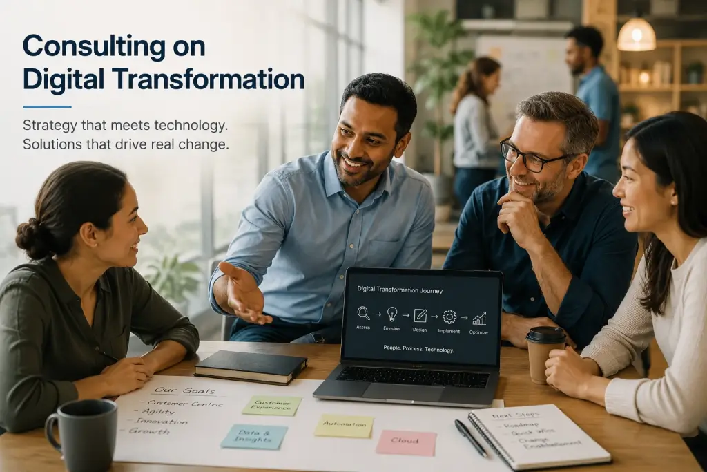 A consulting team discussing digital transformation strategies around a table, focusing on workflow and automation goals.