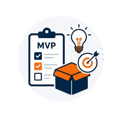 Digital icon showing an MVP clipboard, lightbulb, target, and open box, representing product strategy and idea validation.