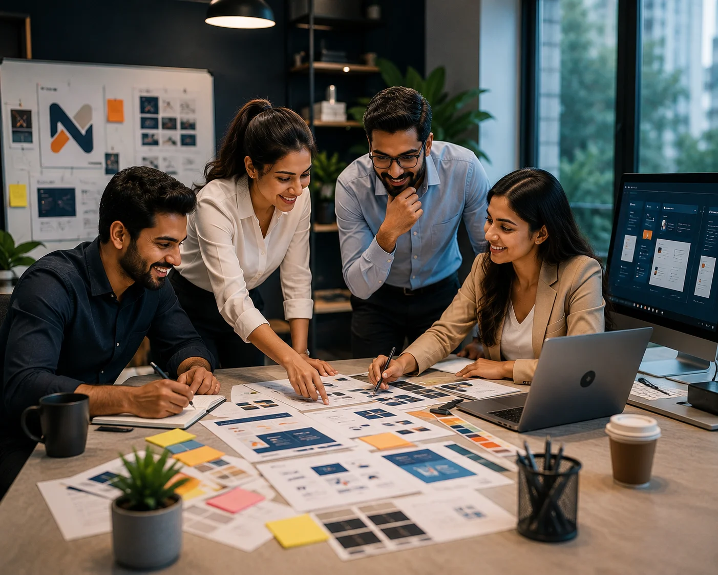 Nexeya Group consultants collaborating on digital transformation strategies and wireframes at a modern office desk.