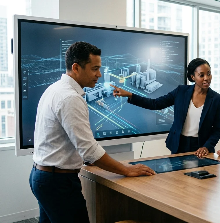 Consultants presenting a digital strategy and 3D tech model on an interactive screen.
