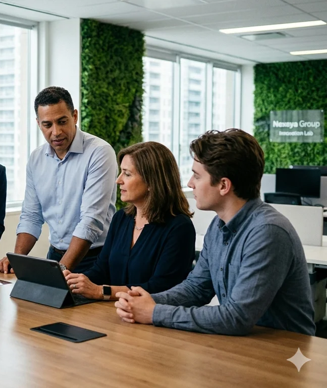 Professionals reviewing a business transformation roadmap on a tablet in an innovation lab.