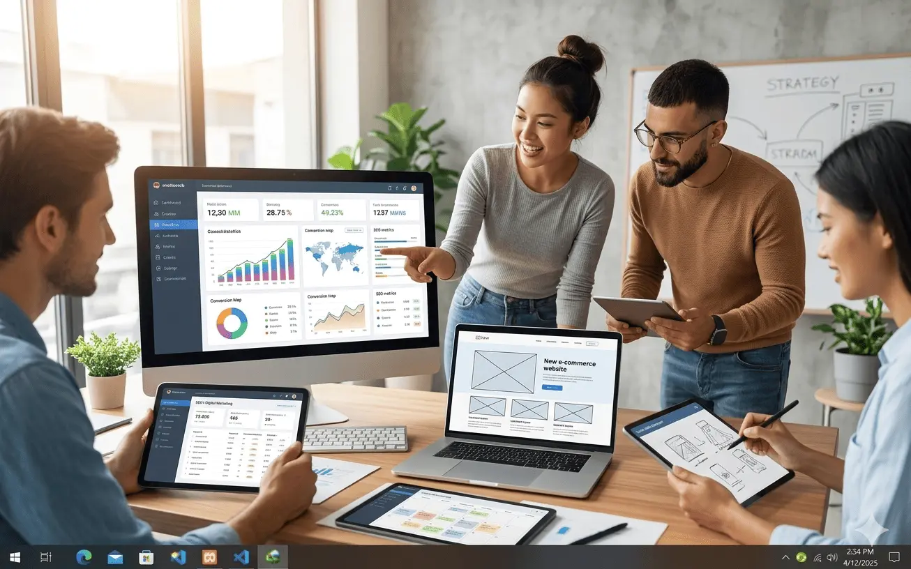 Diverse team at our digital marketing agency for small business analyzing web design wireframes and SEO analytics to drive USA startup growth.