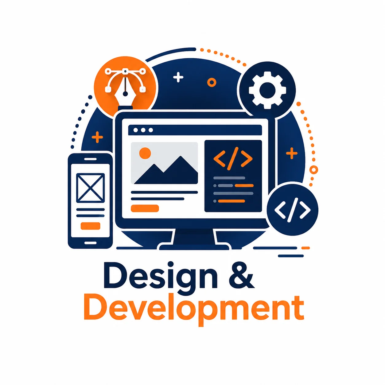 Illustration featuring a monitor, mobile device, pen tool, and coding icons, symbolizing the creation of digital branding materials.