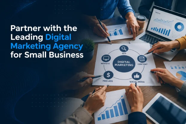 Team of professionals collaborating around a table, pointing at a digital marketing strategy diagram with SEO, content, and paid ads components.