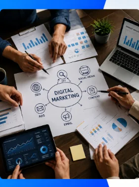 Marketing experts reviewing a digital strategy diagram and performance charts on a tablet to help small businesses avoid wasted ad budgets.