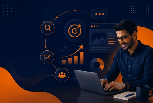 Male marketer using a laptop to develop SEO-optimized website content, featuring digital graphics that highlight analytics and long-term growth.
