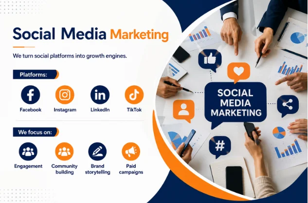 Graphic detailing social media marketing focuses like community building, paired with a team analyzing engagement strategies around a table.