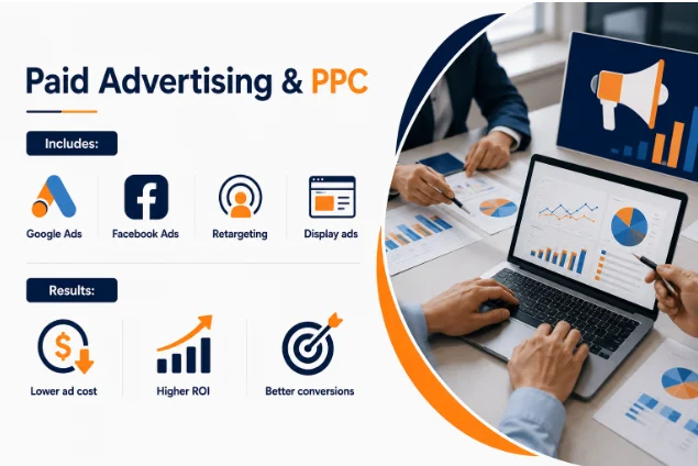 Business team analyzing performance charts on a laptop alongside a graphic highlighting Paid Advertising and PPC services for higher ROI.