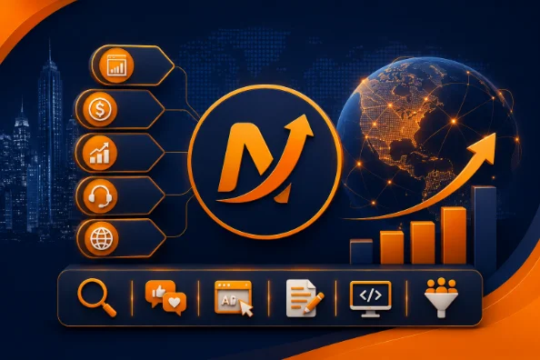 3D graphic with the Nexeya logo, a glowing globe, and rising charts, representing our full-service marketing support and global expertise.