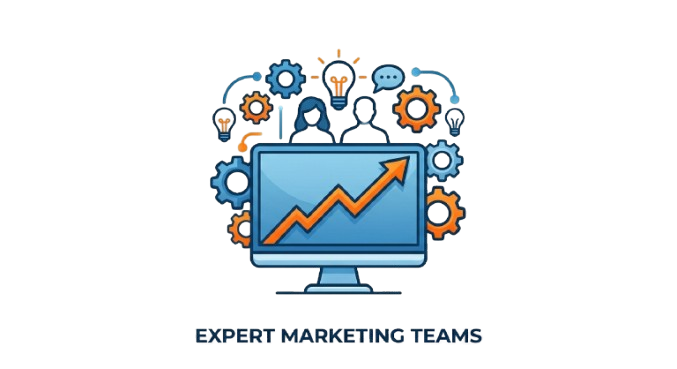 Graphic of an expert marketing team featuring a growth chart on a monitor surrounded by gears and lightbulbs, symbolizing advanced digital solutions.