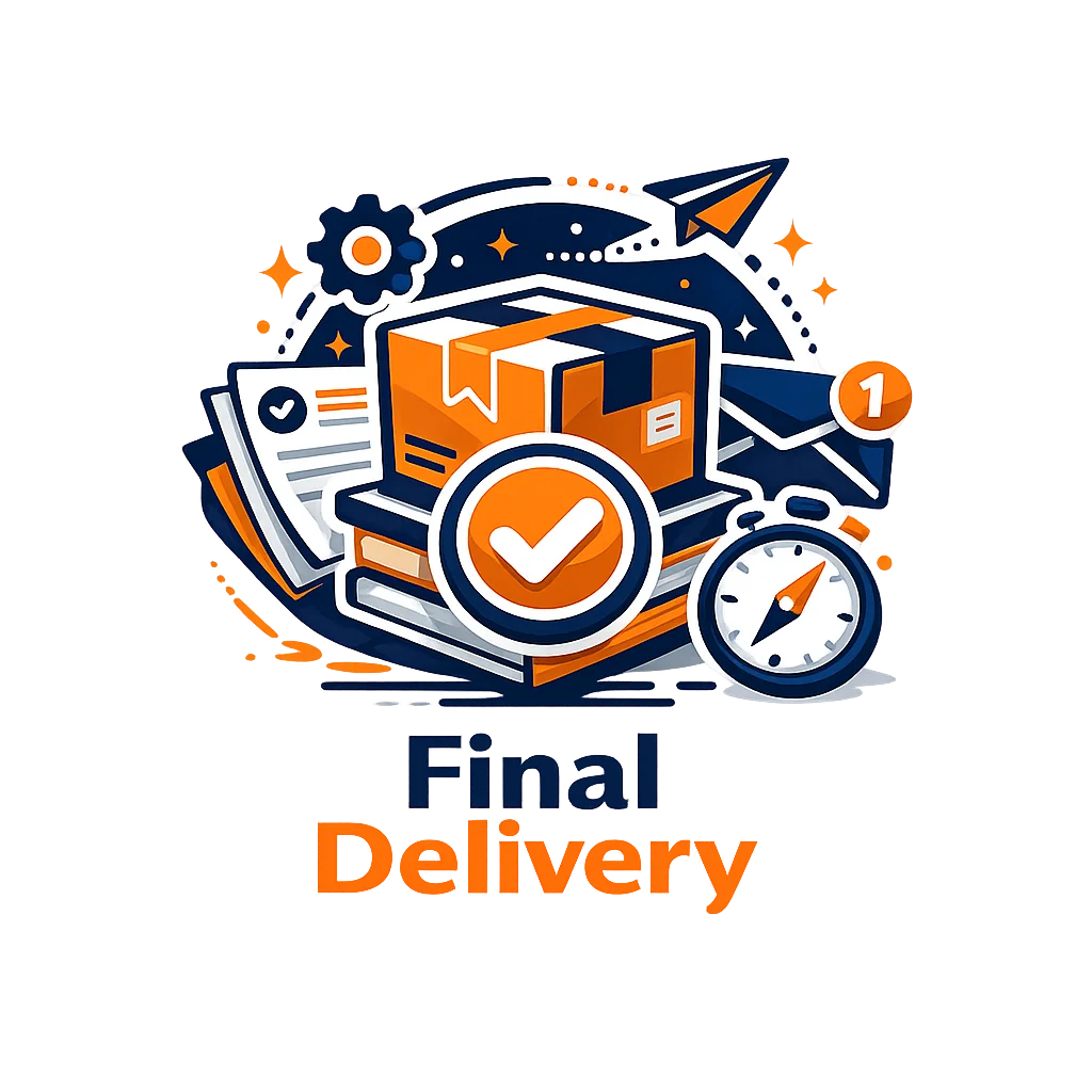 Digital illustration of a package with a checkmark, documents, and a stopwatch, representing the final delivery of approved branding assets.