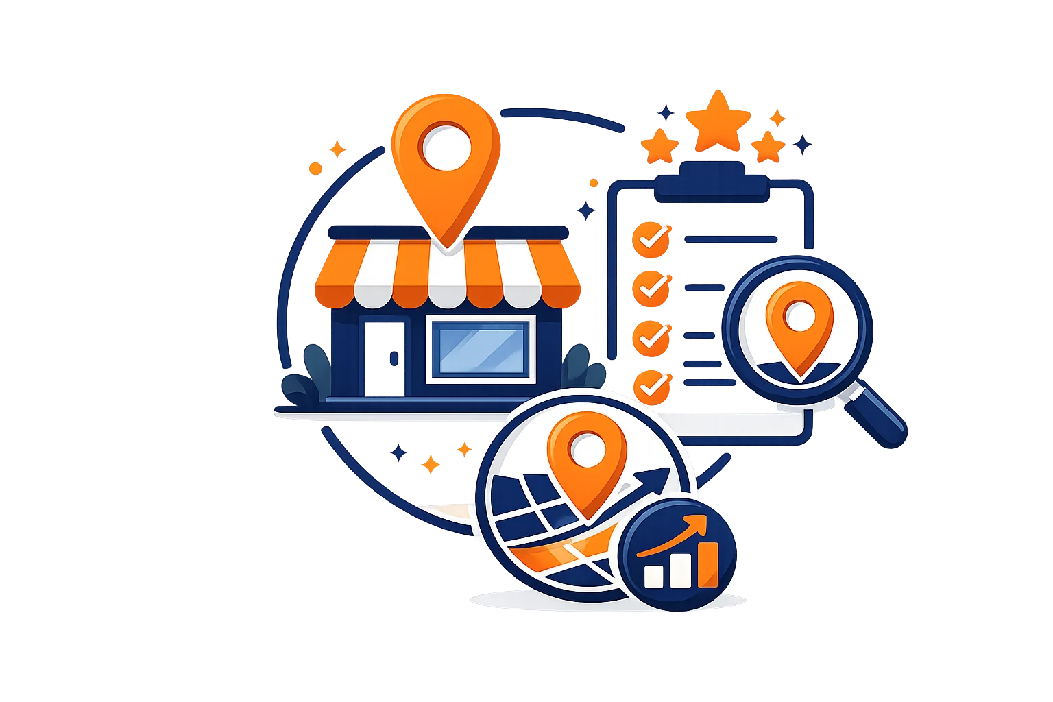 Graphic of a storefront with location pins, a checklist, and a growth chart, illustrating Google My Business profile optimization for local search.