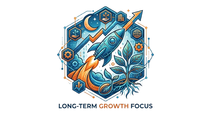 Long-term growth focus graphic showing a rocket and scalable SEO for sustainable success at our USA digital marketing agency for small business.
