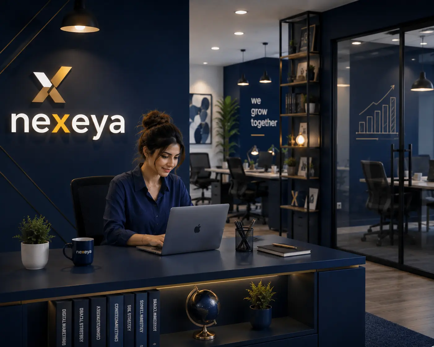 A Nexeya Group professional working on a laptop in a modern US digital marketing agency office, developing branding strategies for startups.