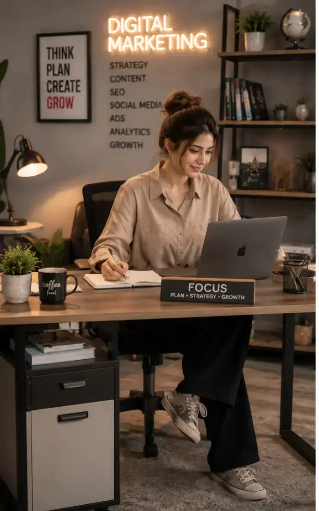 A digital marketing agency professional planning small business SEO and content strategy on a dual-monitor desk setup in a modern creative office.