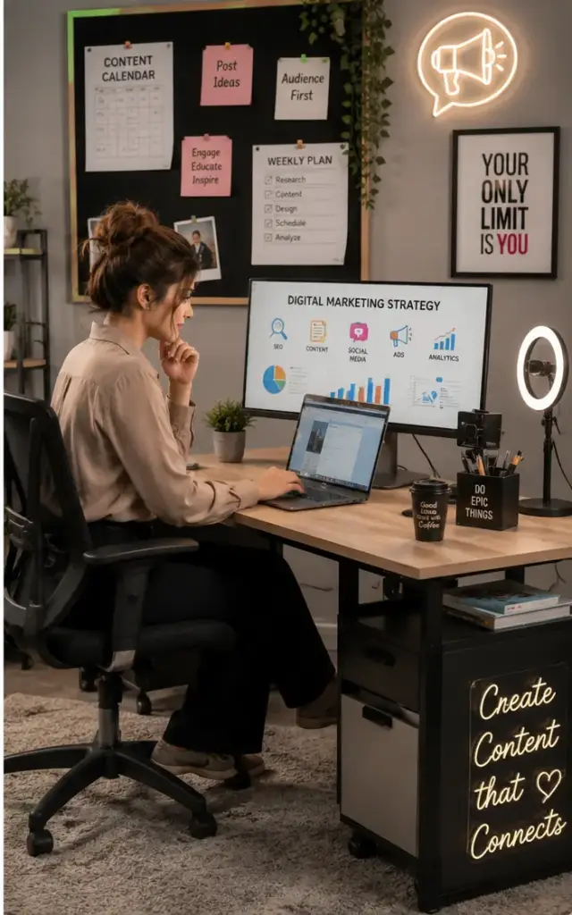 Female digital marketing agency expert creating a scalable social media and SEO strategy for small businesses using a multi-screen workspace.