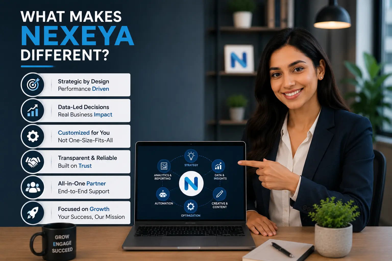 Nexeya professional presenting a custom digital marketing strategy for small business, highlighting data-led decisions and end-to-end support.