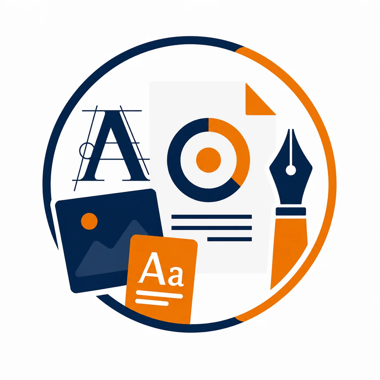 Graphic illustration featuring typography, a fountain pen, and a document, representing clean logo design and visual identity systems.