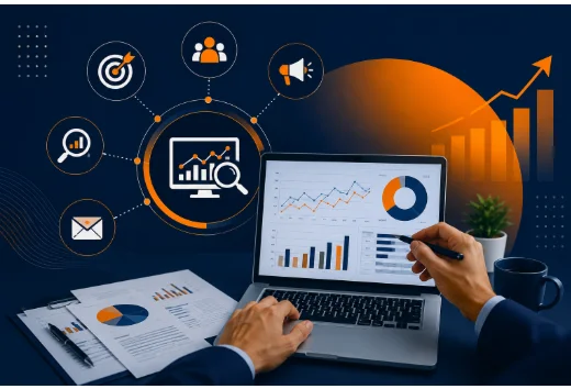 A professional reviewing digital dashboards on a laptop, surrounded by icons representing advanced tracking setup and marketing analytics.
