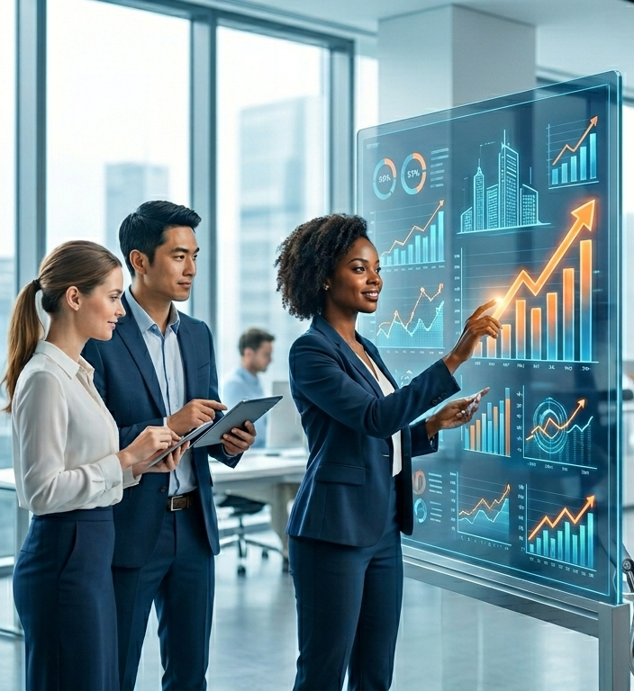 Diverse team at our USA digital marketing agency for small business visualizing our mission to drive measurable ROI and upward growth for startups.