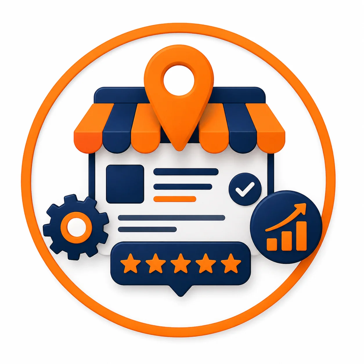 3D illustration of a storefront with a location pin, 5-star reviews, and a growth chart representing Google Business Profile optimization.