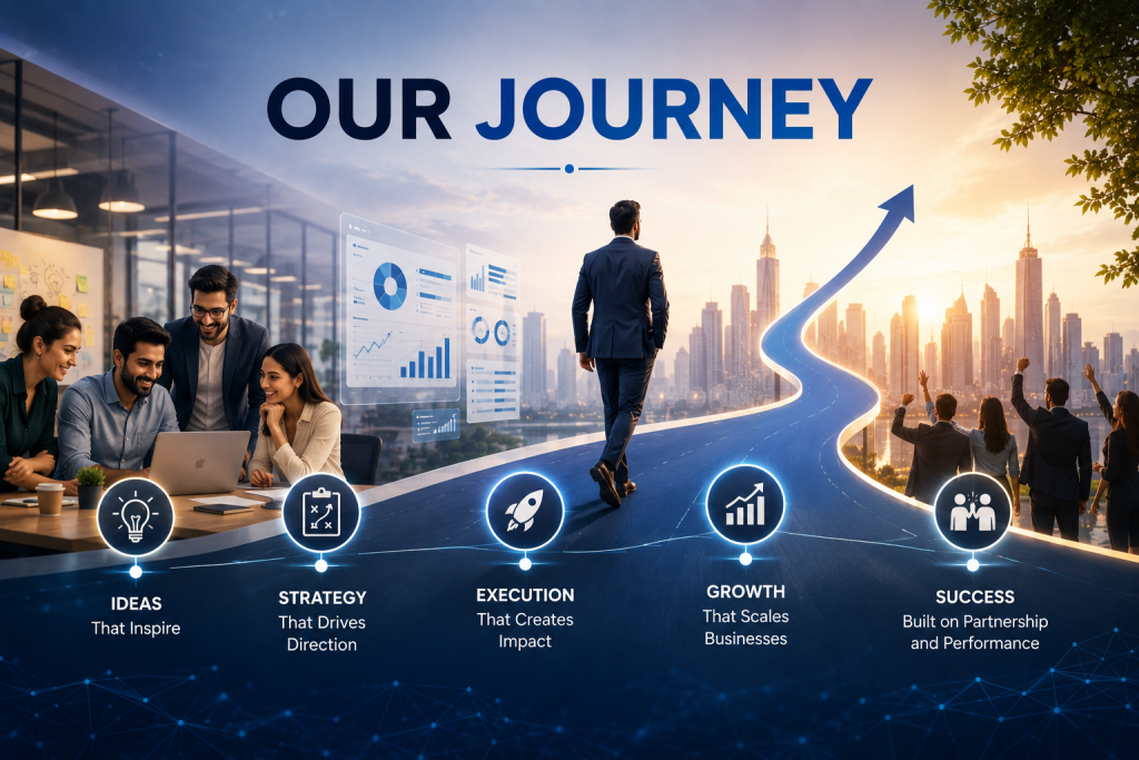 Visual journey of our digital marketing agency for small business, depicting a path from ideas and strategy to scalable growth and client success.