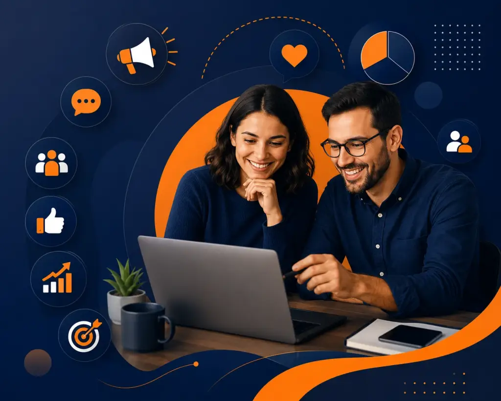 Business team reviewing successful campaign metrics on a laptop, highlighted by social icons illustrating brand consistency and audience engagement.