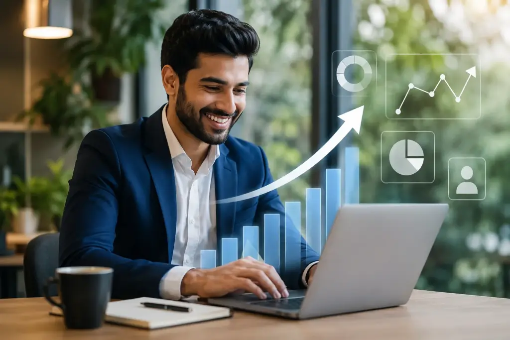 Happy business owner reviewing digital marketing success on a laptop, surrounded by glowing growth charts representing a 3X increase in local exposure.