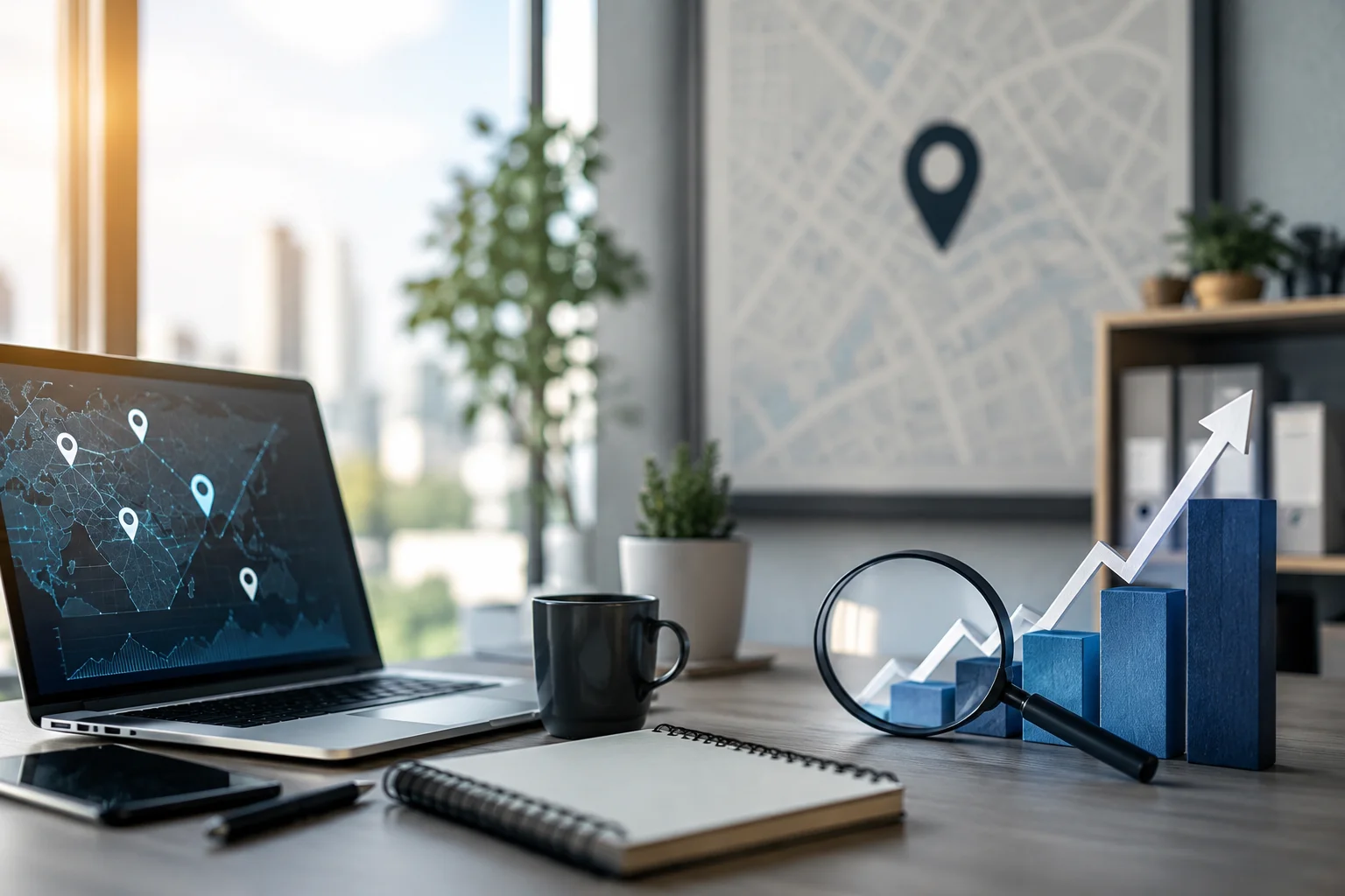 Workspace with a laptop showing local map pins and a magnifying glass over a rising chart, representing smart strategies to increase your revenue.
