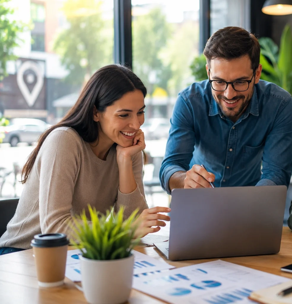 Two professionals pointing at a laptop screen to analyze search rankings, helping small business owners get found by more nearby customers.
