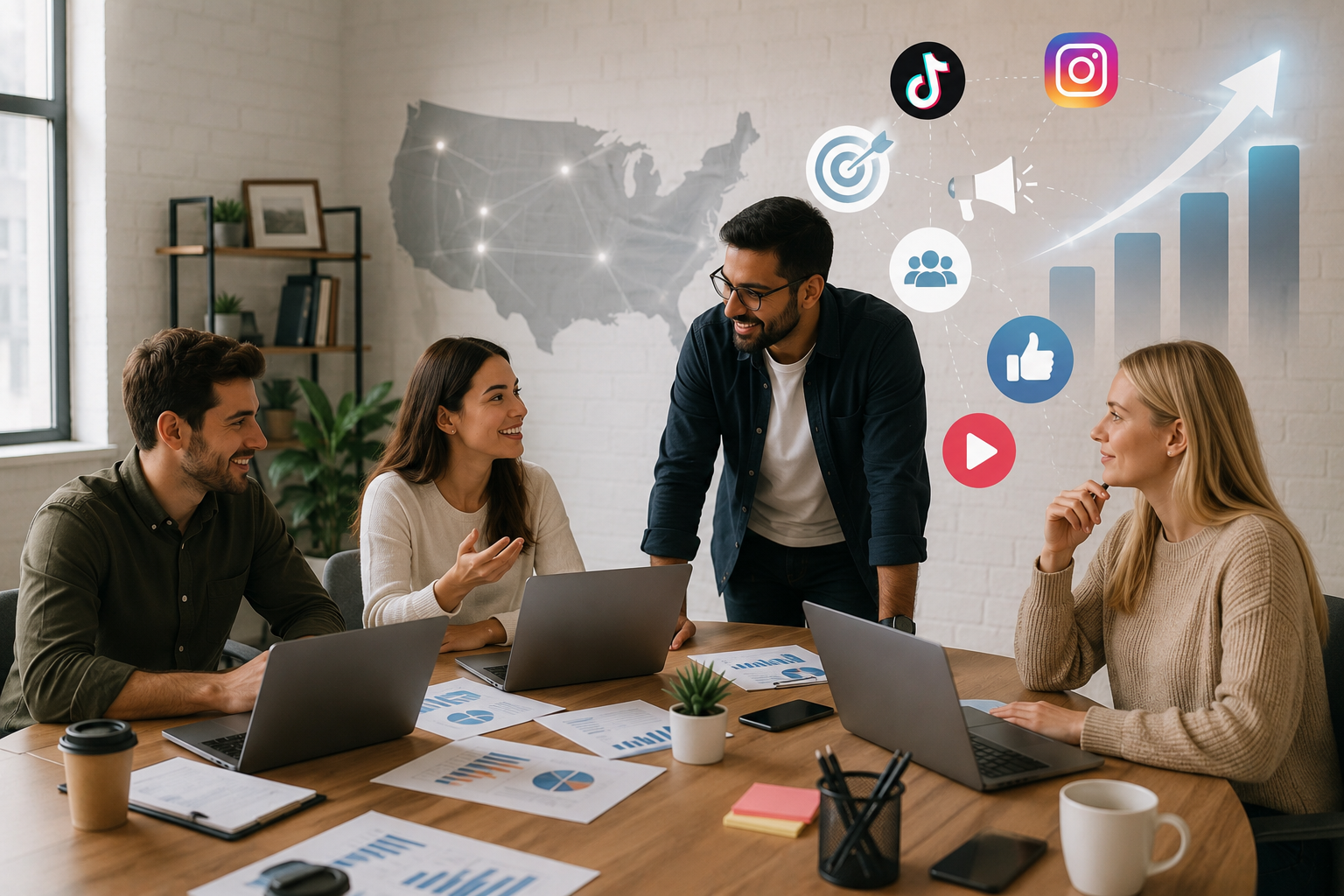 Diverse agency team analyzing US market trends and digital growth metrics, optimizing targeted YouTube and TikTok campaigns for small businesses.