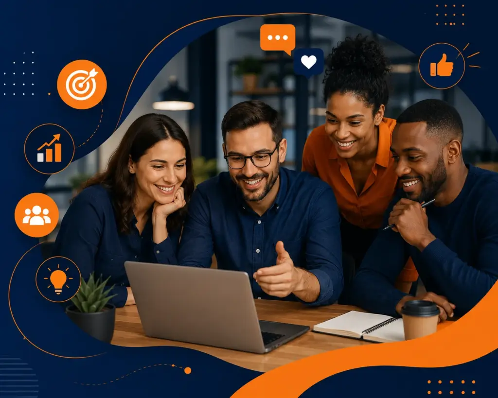 Diverse marketing team smiling at a laptop, ready to transform your online presence with expert campaign management and creative strategies.