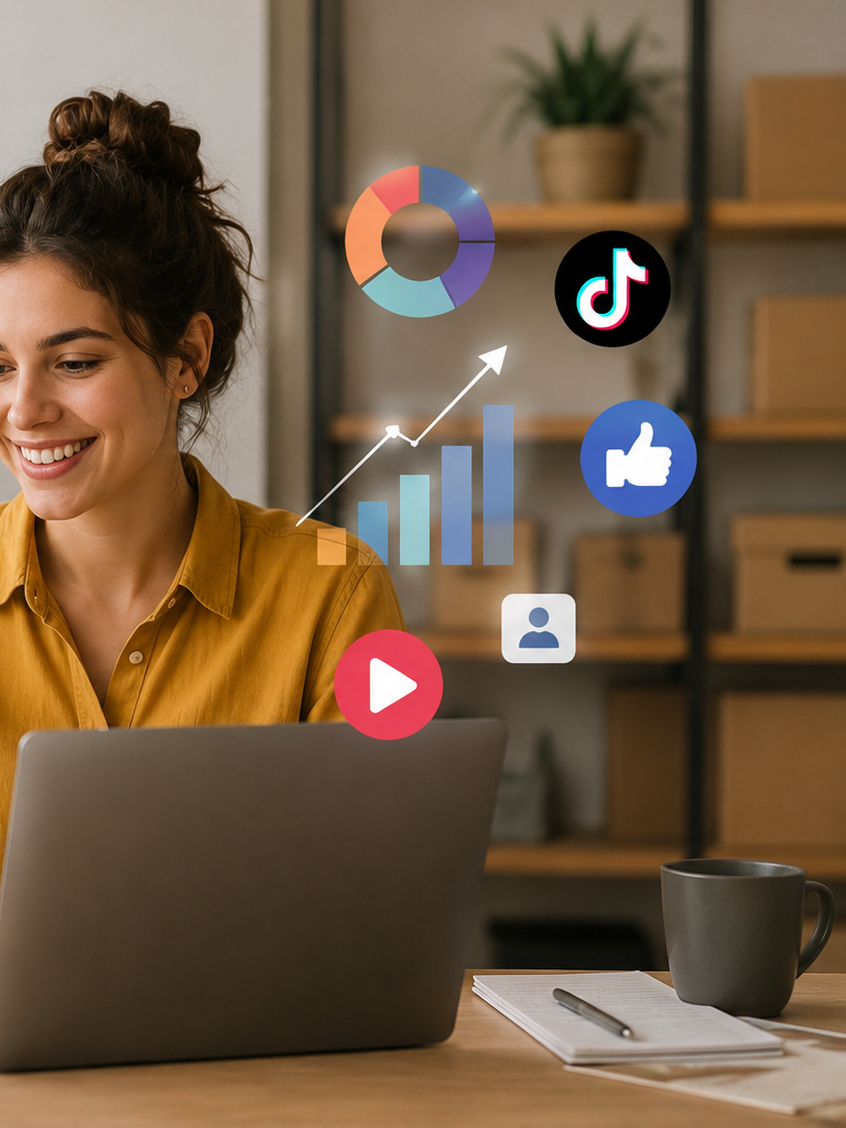 Smiling entrepreneur checking her phone with overlaid growth charts, managing engagement and tracking YouTube and TikTok campaign success.