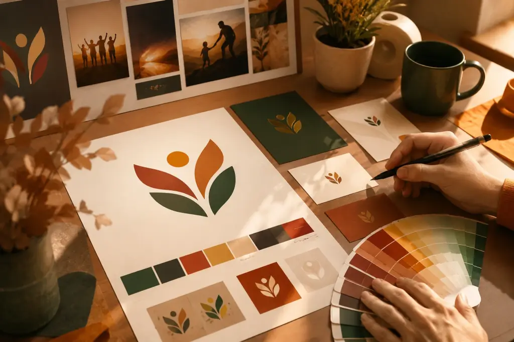 A designer working on corporate identity and logo design, selecting colors from a swatch to create a distinctive brand image.
