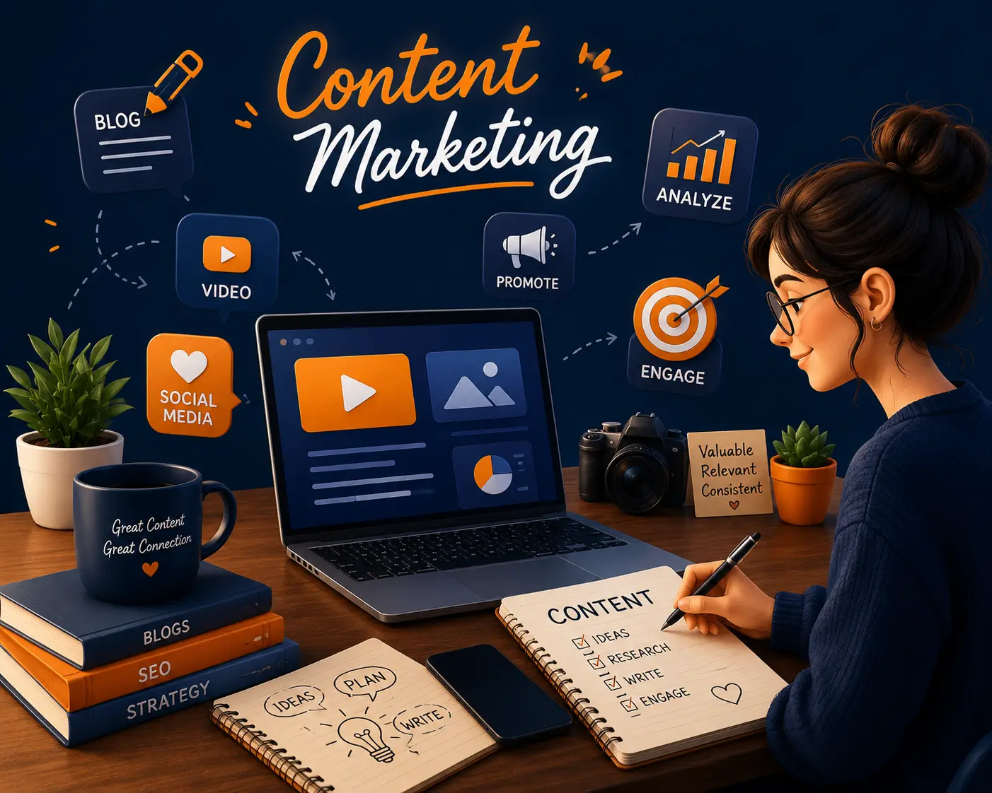 Nexeya expert writing a value-driven content marketing plan in a notebook, using a laptop to design SEO-optimized blog and video campaigns.