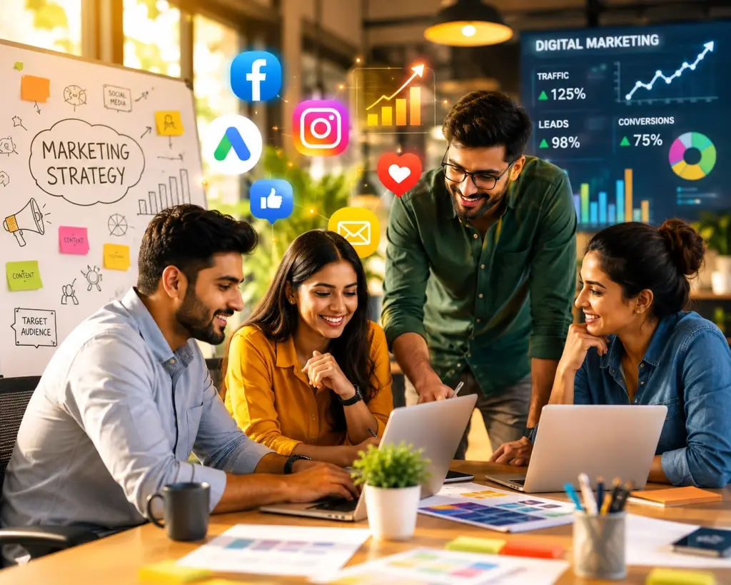Marketing team collaborating on digital campaigns at a laptop, surrounded by social media icons and dashboards tracking traffic and leads.